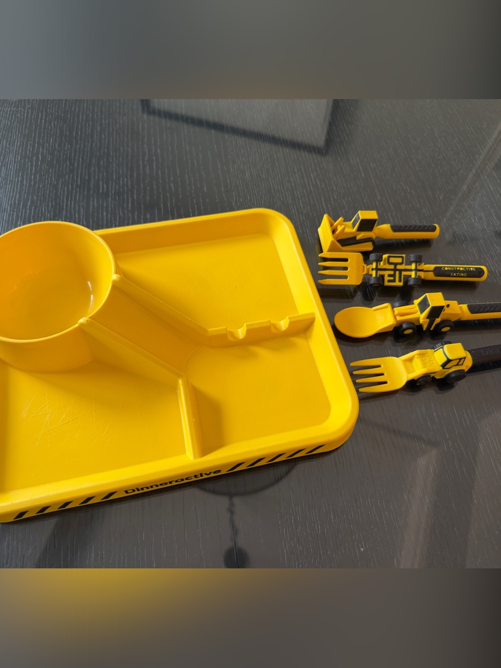 Yellow Construction-Themed Kids Snack Tray and Utensil Set